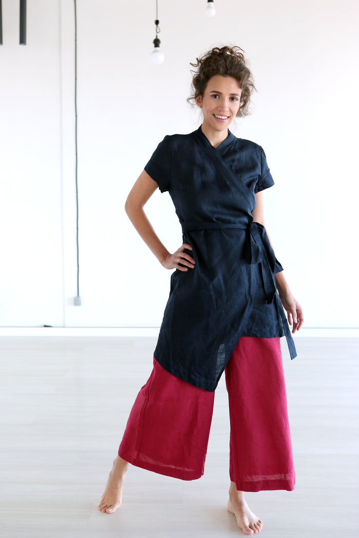 Women's Linen Wrap Dress ALOE in Dark blue