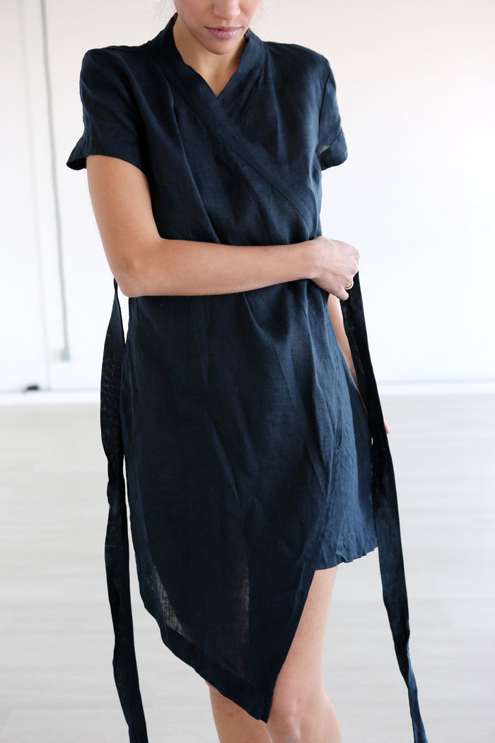 Women's Linen Wrap Dress ALOE in Dark blue