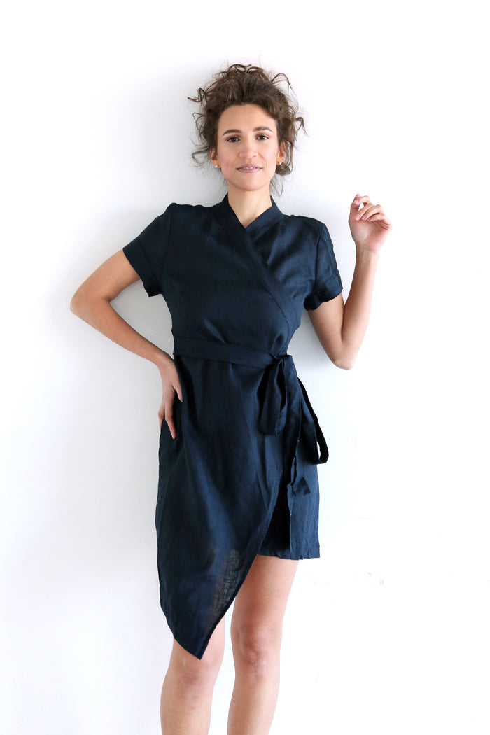 Women's Linen Wrap Dress ALOE in Dark blue