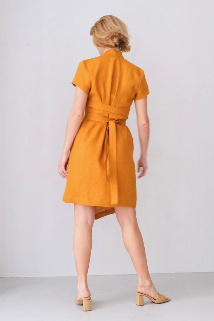 Women's Linen Wrap Dress ALOE in Saffron