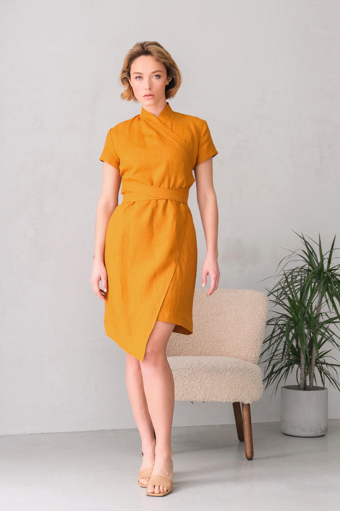 Women's Linen Wrap Dress ALOE in Saffron