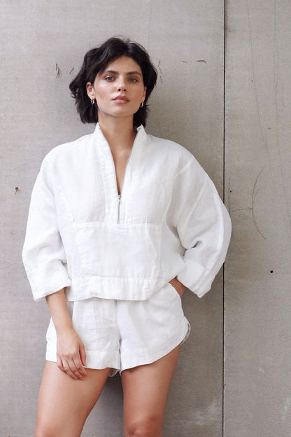 Women’s Linen Zip Pullover Top TULIP in White