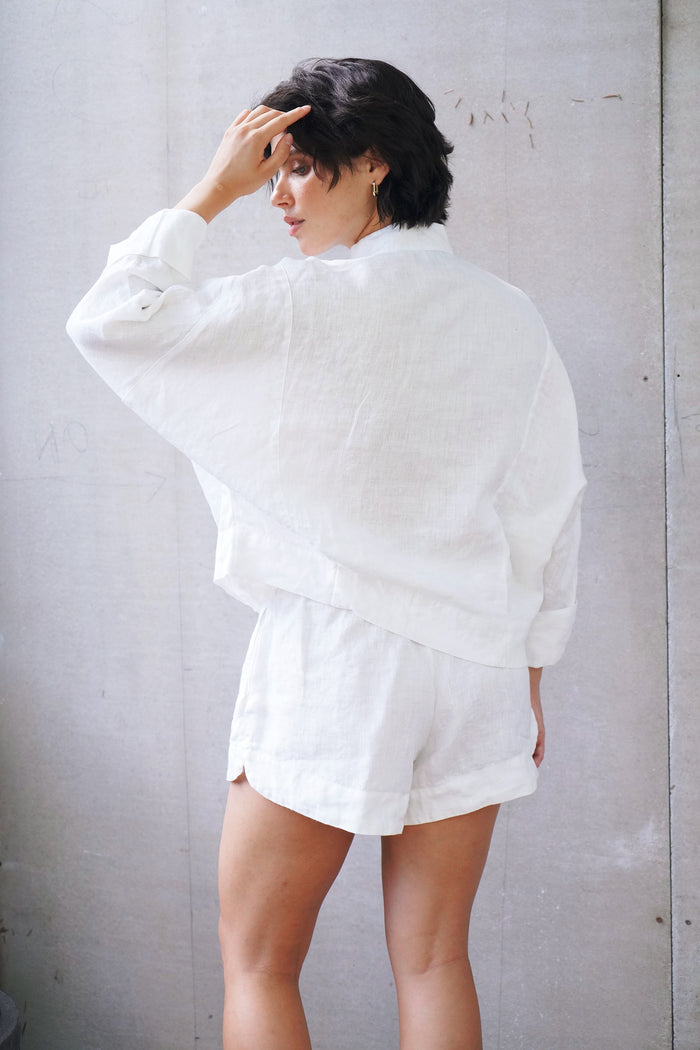 Women’s Linen Zip Pullover Top TULIP in White
