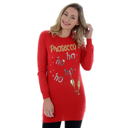 Womens Novelty Sequin Prosecco HO HO HO Tunic Christmas Jumper Red / 16