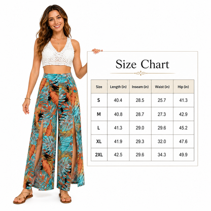 Women's tropical printed wide leg pants size chart S to 2XL with split-leg styling
